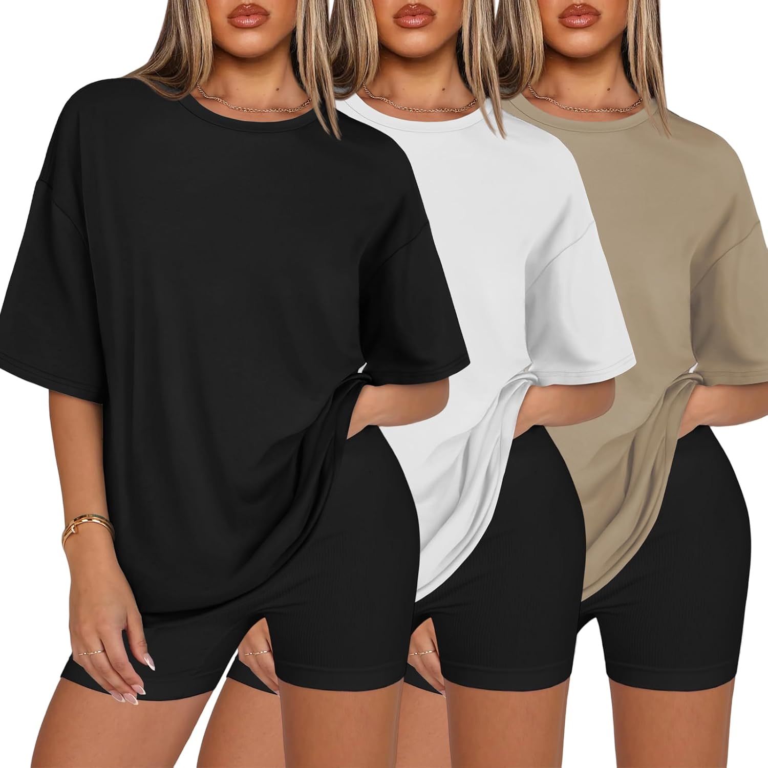3 Packs Womens Oversized T Shirts Loose Fit Crewneck Short Sleeve Tops Summer Casual Blouse 2025 Y2K Basic Tee Beach