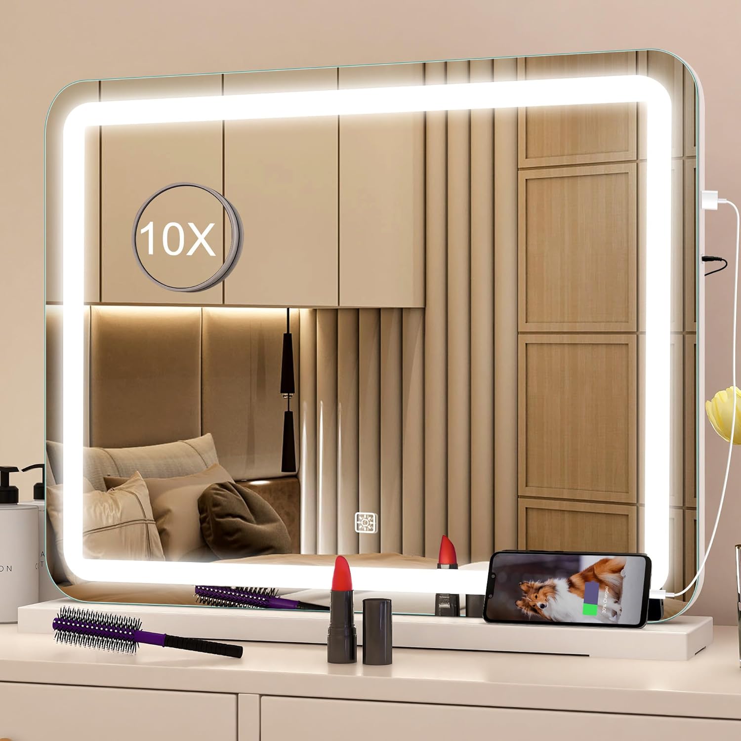 22.8" x 18.2" Makeup Mirror with Lights and 10X Magnification, 3-Color Dimmable LED Lighting & Touch Control, USB Charging Port for Travel/Dressing Room