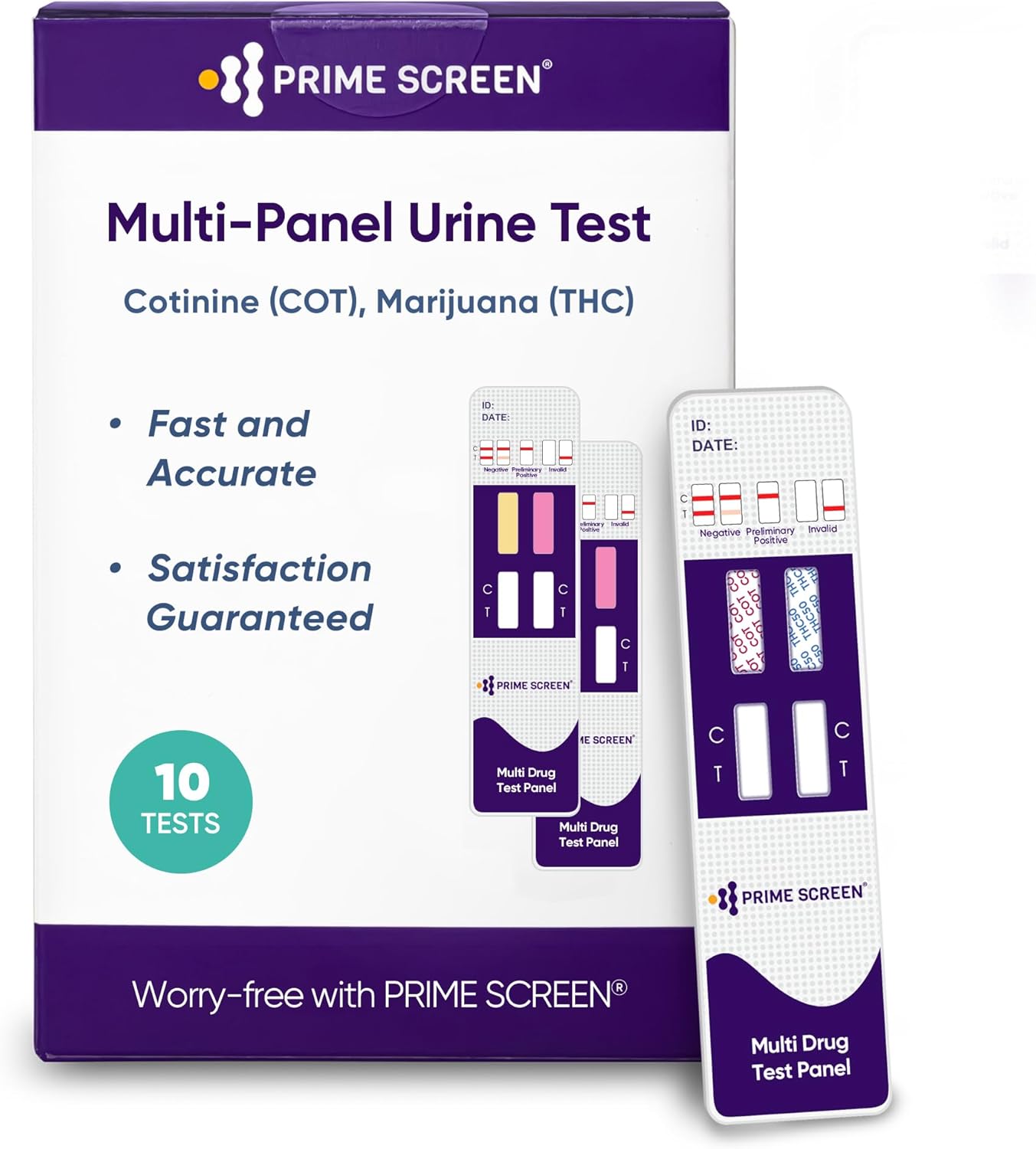 Prime Screen THC & Nicotine (Cotinine) Combo Test Kit-Detects THC (Weed) and Nicotine Metabolite Cotinine (COT) for Vaping, Smoking, and Tobacco Use [10 Pack]