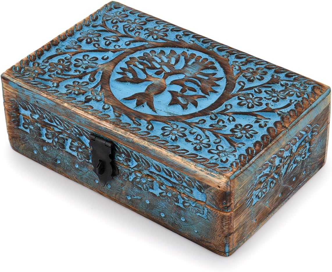BHAVATU Handmade Mango Wood Blue Tree of Life Engraving Handcarved Jewellery Box for Women-Men Jewel | Home Decor Accents | Decorative Boxes