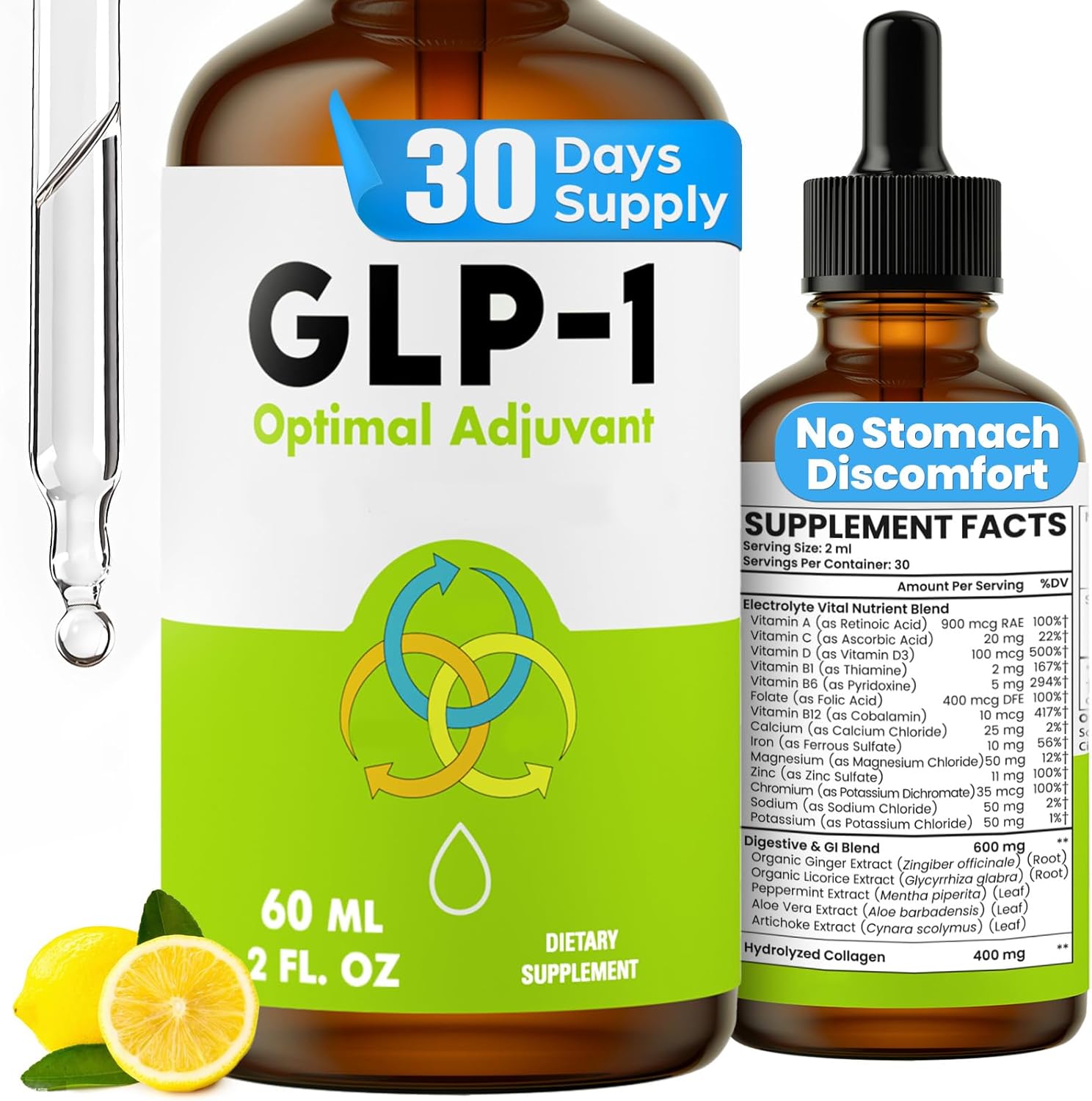 GLP-1, GLP-1 Drops - No Stomach Discomfort, 27 in 1 GLP 1 Targeted Formula for Nutrient Absorption, Digestive & Gut Health, GLP 1 Drops 6X Stronger Than GLP Capsule, 60 ML(Lemon Flavor)