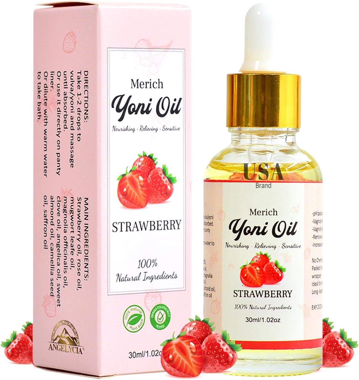MERICH Natural Yoni Oil | Feminine Yoni Detox Oil | Restores pH Balance for Women | Eliminates Odor | Natural Vaginal Tightening and Gentle Cleansing (Strawberry)