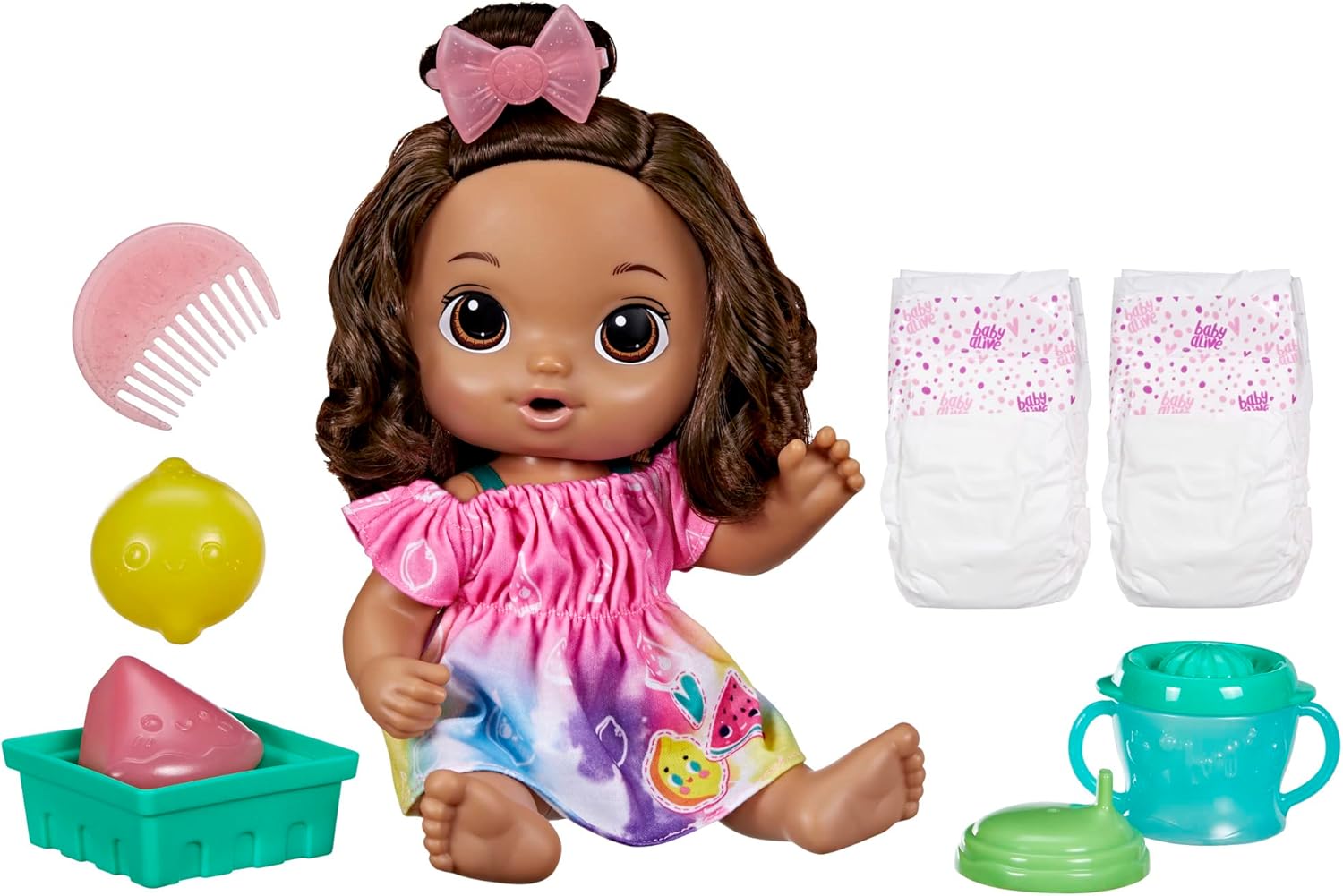 Baby Alive Fruity Sips Doll, Lemon, Pretend Juicer Baby Doll Set, Kids 3 and Up, Brown Hair