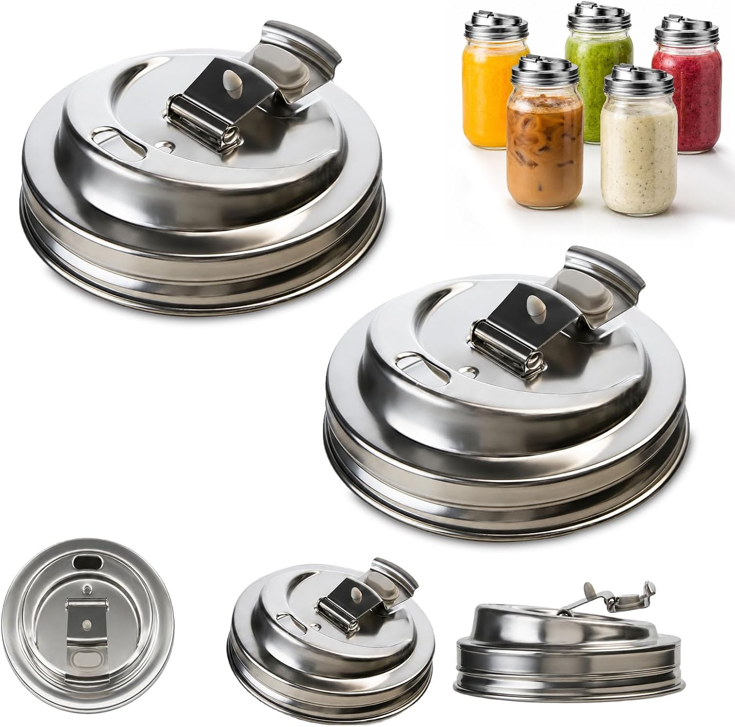 Metal Mason Jar Drinking Lids, Reusable Stainless Steel Mason Jar Coffee Lid with Flip Top Pour Spout, Leak-Resistant for Iced Coffee, Juice, Salad Dressing (2PCS)