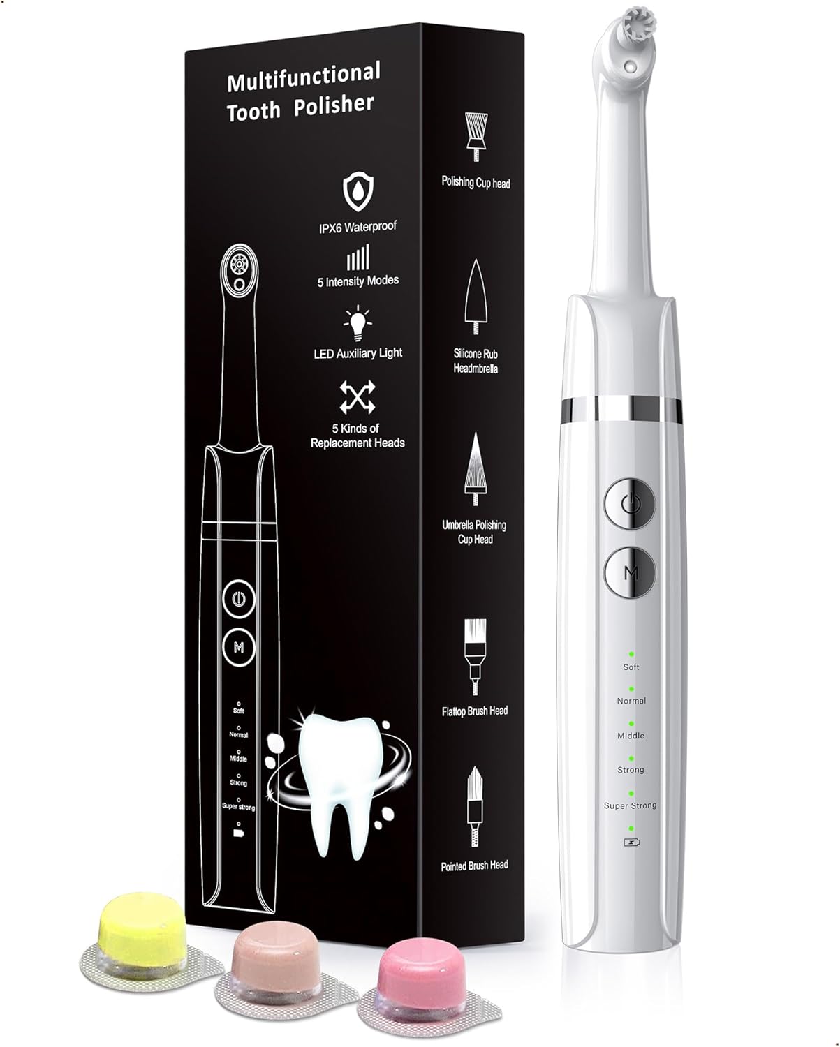 Tooth Polisher, Trueocity Plaque Remover Teeth whitening kit with 5 Modes for Plaque Stain Removal Yellow Teeth, Teeth Polisher Stain Remover with 5 Heads & 3 polishing Paste, Rechargeable