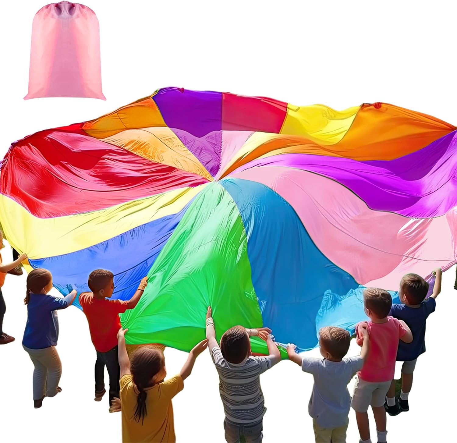 Play Parachute, Large Rainbow Parachute with Handles Multicolored Toy Tent Cooperative Group Play Games for Indoor Outdoor Playground Activities