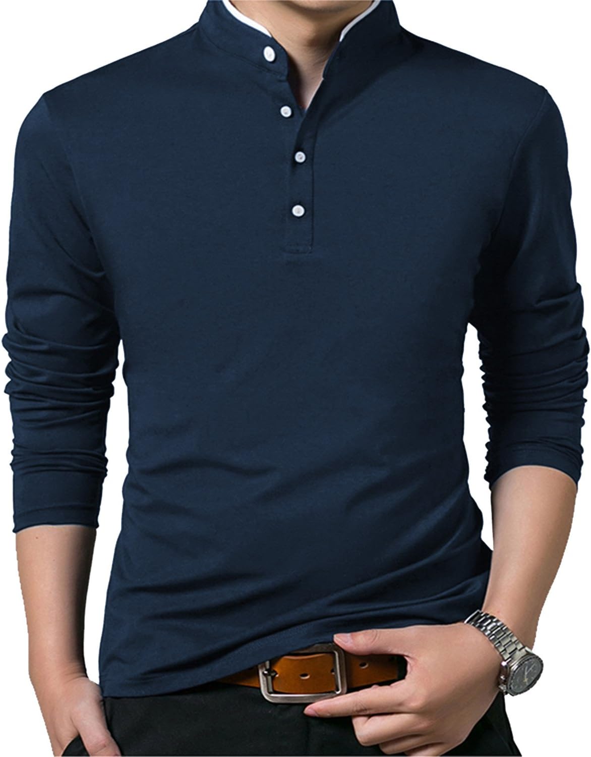 KUYIGO Men Casual Long Sleeve Polo Shirts Mandarin Collared Slim Fit Fashion Cotton Tops
