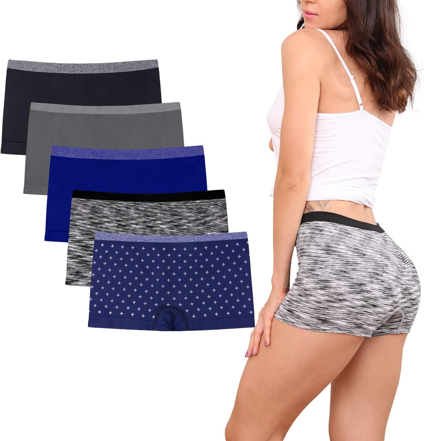 R RUXIA Womens Boyshort Panties Seamless Ladies Underwear Full Coverage Briefs No Show Boxers for Sleep and Workout Printing Boyshort 5-Pack