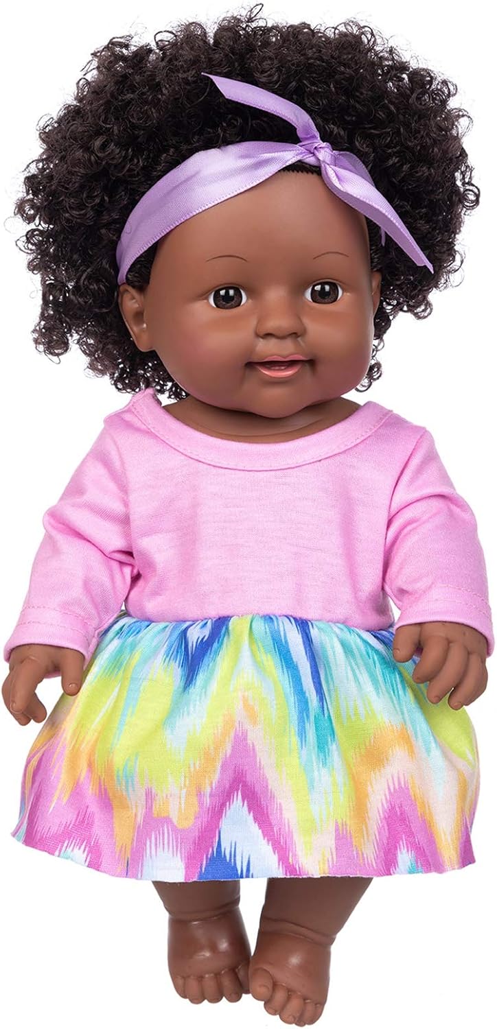 ZQDOLL 11.8 Inch Black Baby Girl Doll and Clothes Set African American Realistic Soft Silicone Washable Dark Skin Baby Doll with Cute Curly Hair and Rainbow Color Dress-Best Gift for Kids Girls