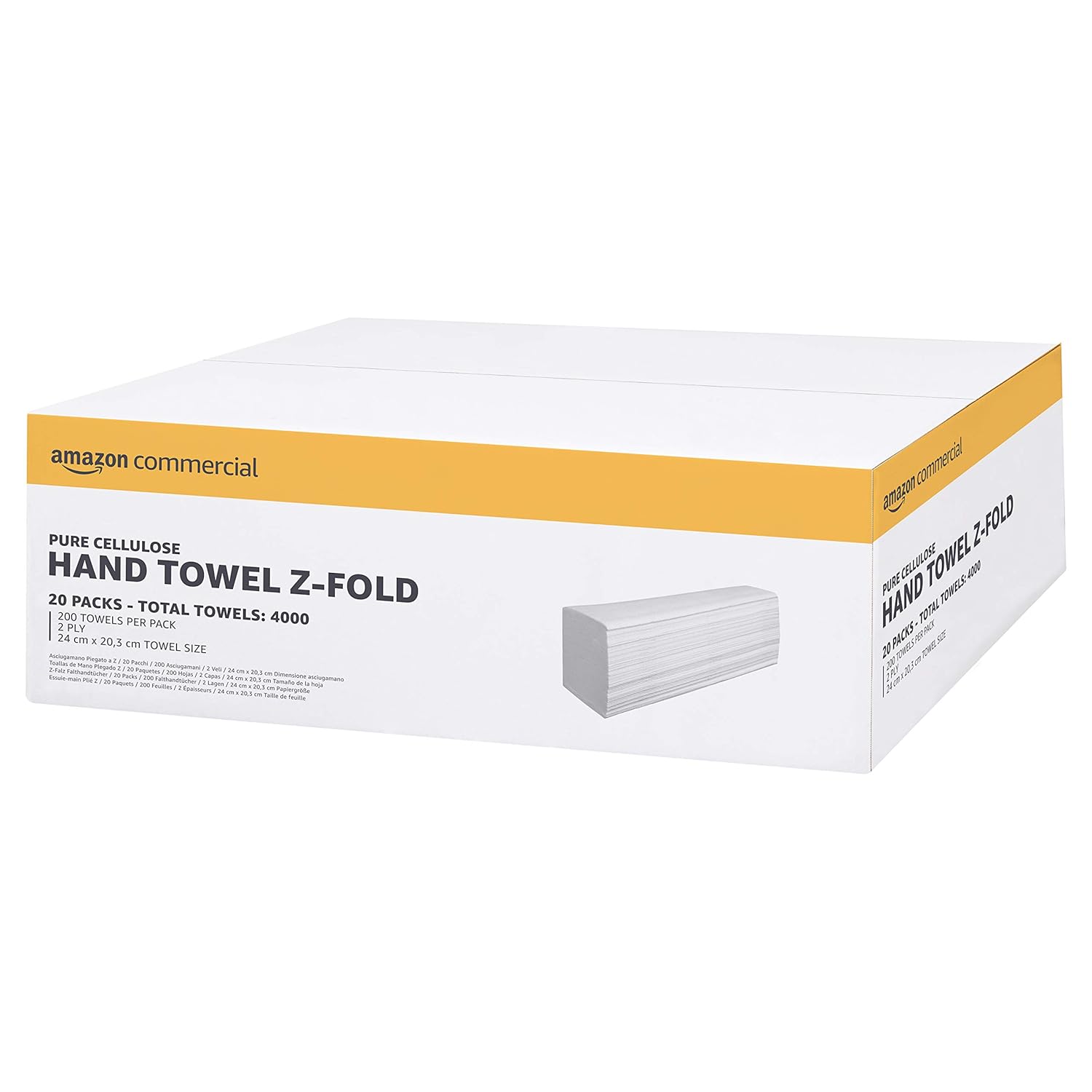 AmazonCommercial Multifold (Z-Fold) Paper Hand Towels, 2-ply Pure Cellulose, 4000 Sheets (20 packs of 200), Sheet Size: 24 x 20.3 cm, H2 Dispenser Compatible