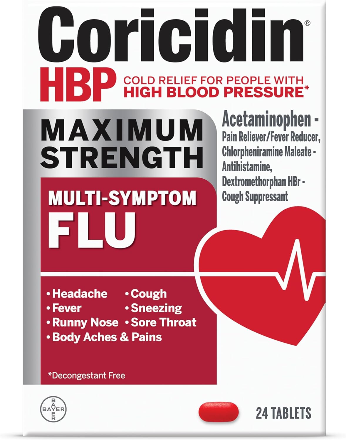 Coricidin HBP Maximum Strength Multi-Symptom Flu Tablets For Body Aches, Body Pains Cold and Cough Relief: Flu Medicine for Adults with High Blood Pressure - 24 Count
