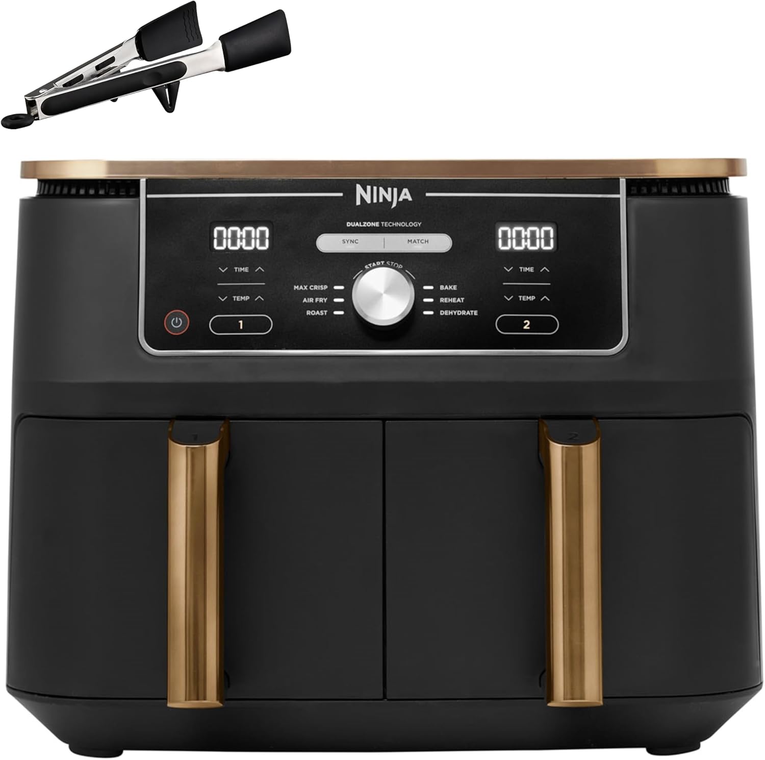 Ninja Foodi MAX Dual Zone Air Fryer, Amazon Exclusive, Tongs, 2 Drawers, 9.5L, 6-in-1, Use No Oil, Air Fry, Max Crisp, Roast, Bake, 8 Portions, Nonstick Dishwasher Safe Baskets, Copper/Black AF400UKCP
