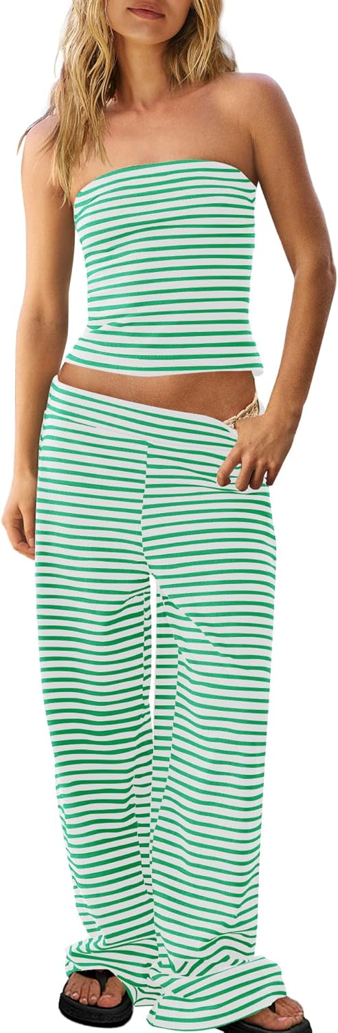 Panadila Womens Striped Two Piece Sets Summer Lounge Outfits Sailor Tube Top and Pants Matching Set Beach Vacation Travel Y2k