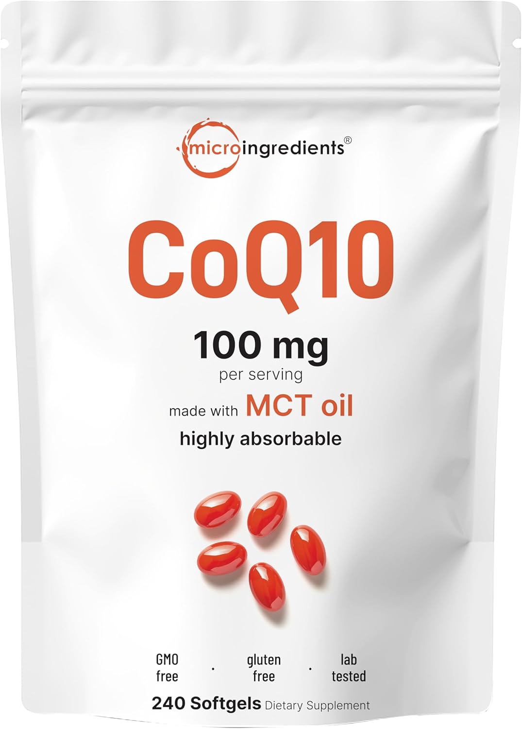 Micro Ingredients CoQ10 100mg Per Serving | 240 Softgels Made with Coconut MCT Oil | High Absorption Coenzyme Q10 as Ubiquinone | Antioxidant Support for Heart & Energy Health | Non-GMO