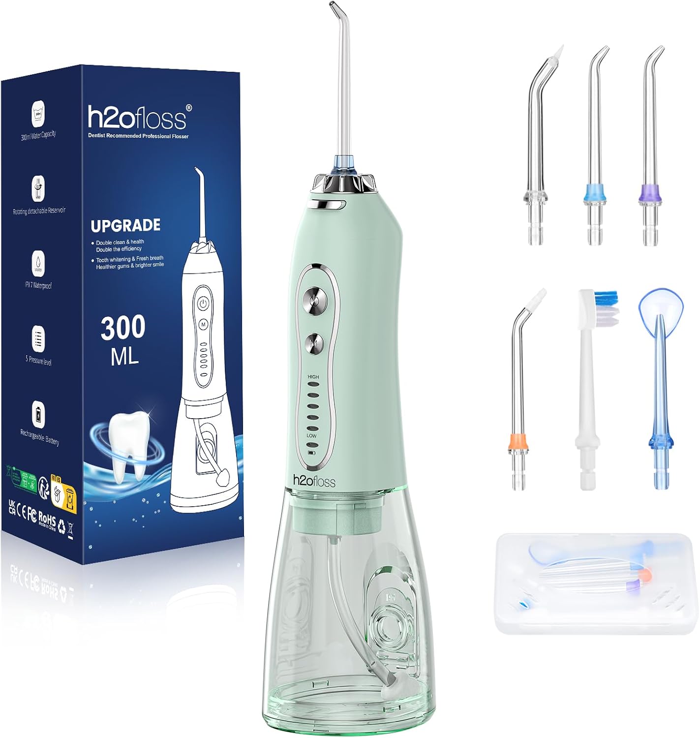 H2ofloss Water Dental Flosser Teeth Pick: Portable Cordless Oral Irrigator with 5 Modes, 300ML Rechargeable Travel Irrigation Cleaner IPX7 Waterproof Electric Flossing Machine for Teeth Cleaning Green
