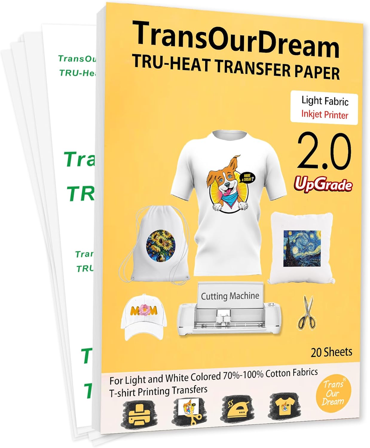 TransOurDream Upgraded Iron on Heat Transfer Paper for T Shirts (20 Sheets, 8.5x11") Iron on Transfers for Light Fabric Printable Heat Transfer Vinyl for Inkjet Printer (TOD-4)