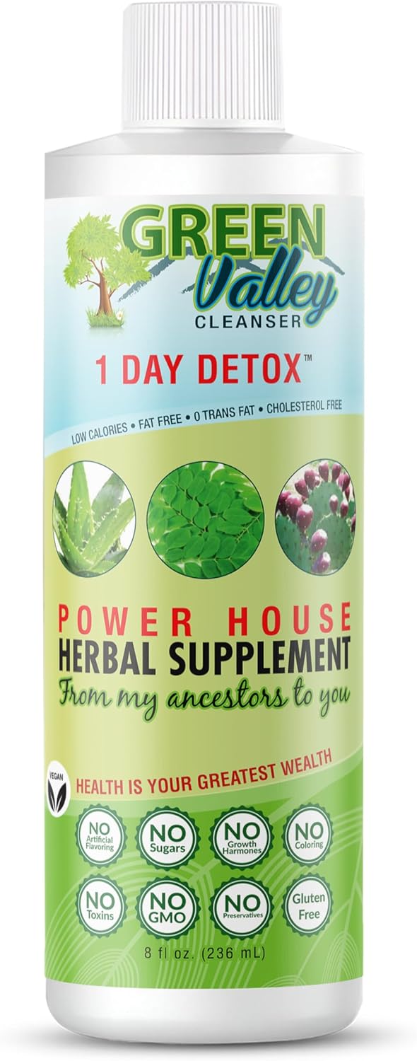 Green Valley 1 Day Full Body Detox - Vegan Friendly Herbal Cleanser for Liver, Kidney, Colon Support with Natural Ingredients | 8 Fl Oz