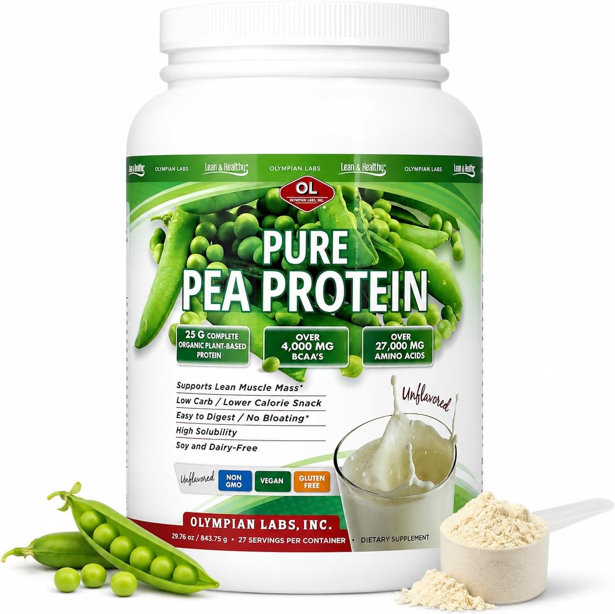 Olympian Labs Plant Based Pea Protein Powder, Unflavored - 25g of Protein, Vegan, Low Net Carbs, Gluten Free, Lactose Free, No Sugar Added, Soy Free, Non-GMO, 2 Pound Pea Protein Powder