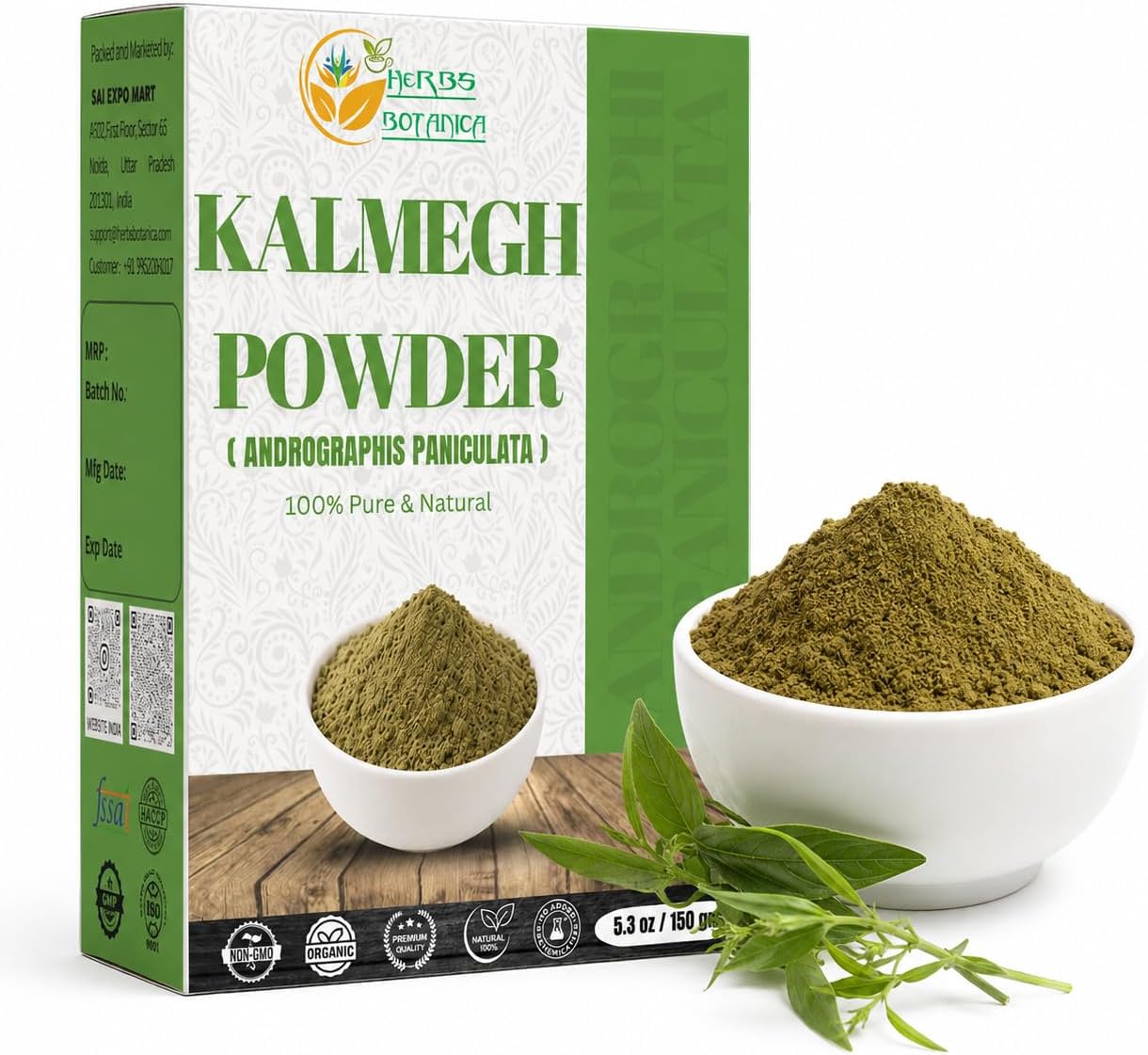 Herbs Botanica Kalmegh Powder 100% Pure Andrographis Paniculata (Green Chiretta Herb) for Herbal Use – Finely Ground Andrographis Powder 5.3 oz Pack