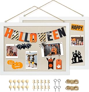 2-Pack Double-Sided Cork Board with Linen, 16" x 12" Hanging Wood Framed Bulletin Board, Picture Display Vision Board Kit Corkboards for Wall School Office Decor, 20 Pushpins (Vintage White)