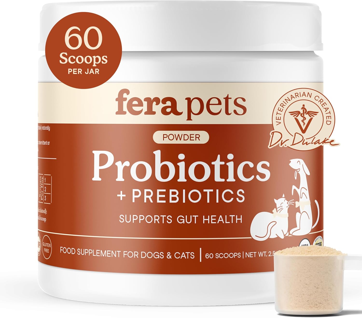 Fera Pet Organics Probiotics for Dogs & Cats - Vet Created - Cat & Dog Probiotic Supplement - 12 Strains & Prebiotics for Pet’s Digestion - 60 Scoops