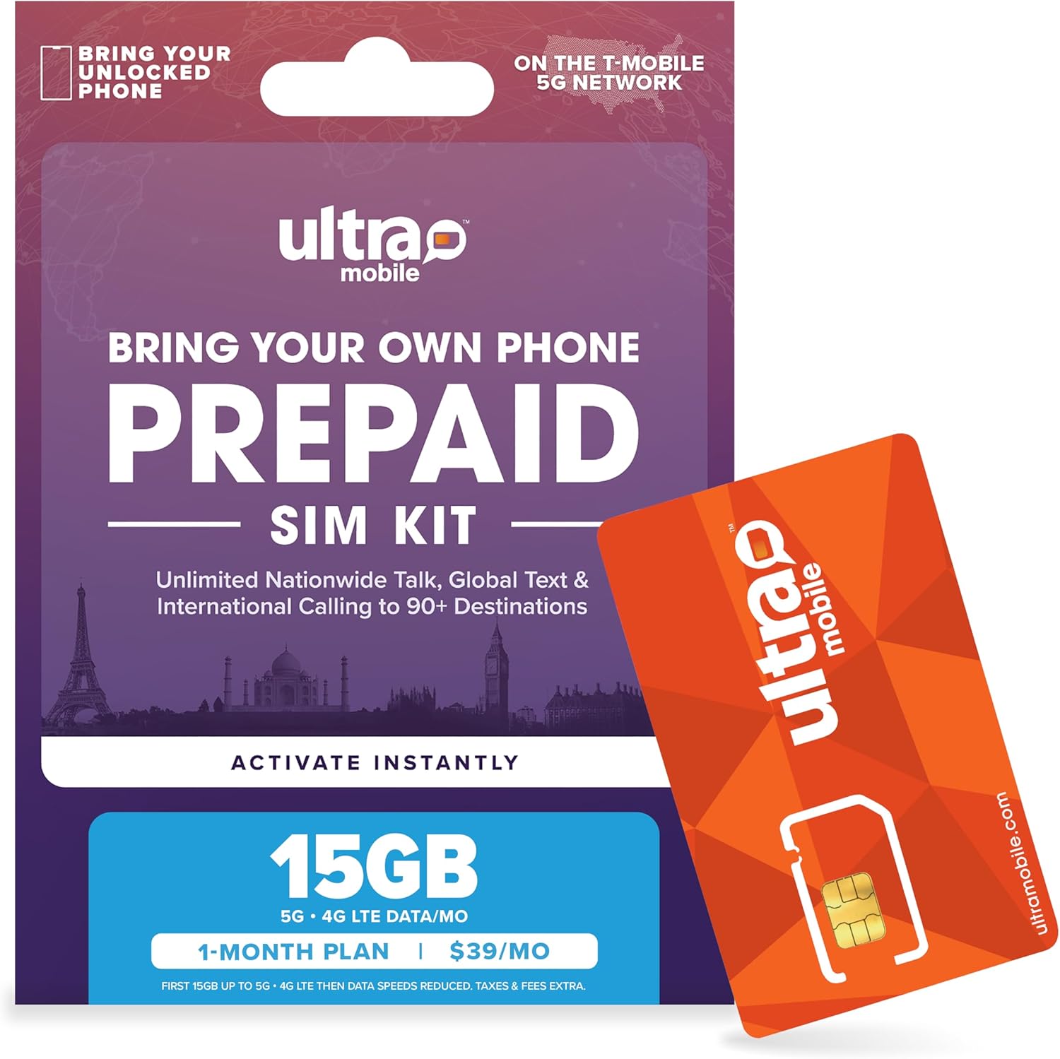 $39/mo. Ultra Mobile Prepaid Phone Plan with Unlimited Talk, Text, & 15GB of 5G • 4G LTE Data for 1 Month (3-in-1 SIM Card Kit)