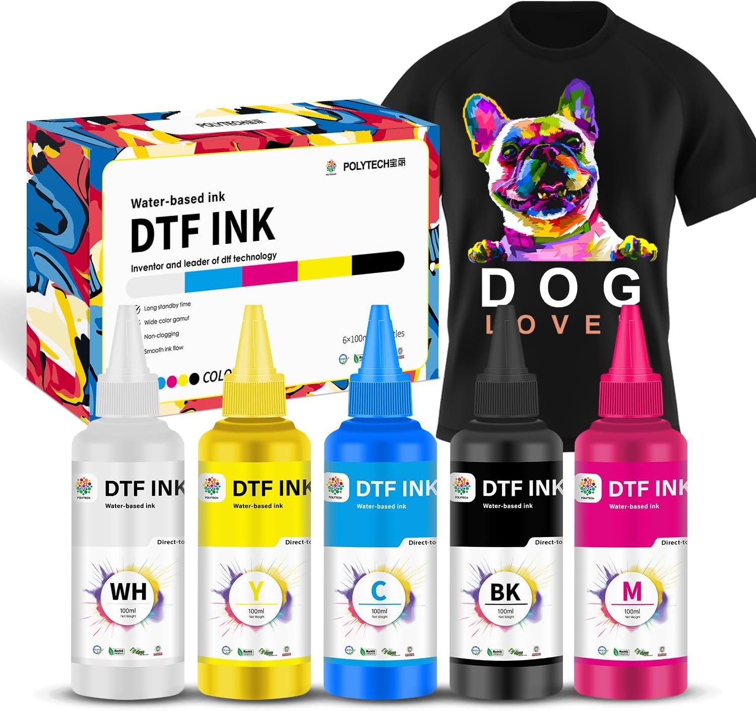 Polytech DTF Ink 6x100ML, Heat Transfer Printing Direct to Film, DTF Transfer Ink for PET Film, High Opacity Refill DTF Ink for Epson Printers ET-8550, XP-15000, L1800, L805, R1390, I3200, XP600