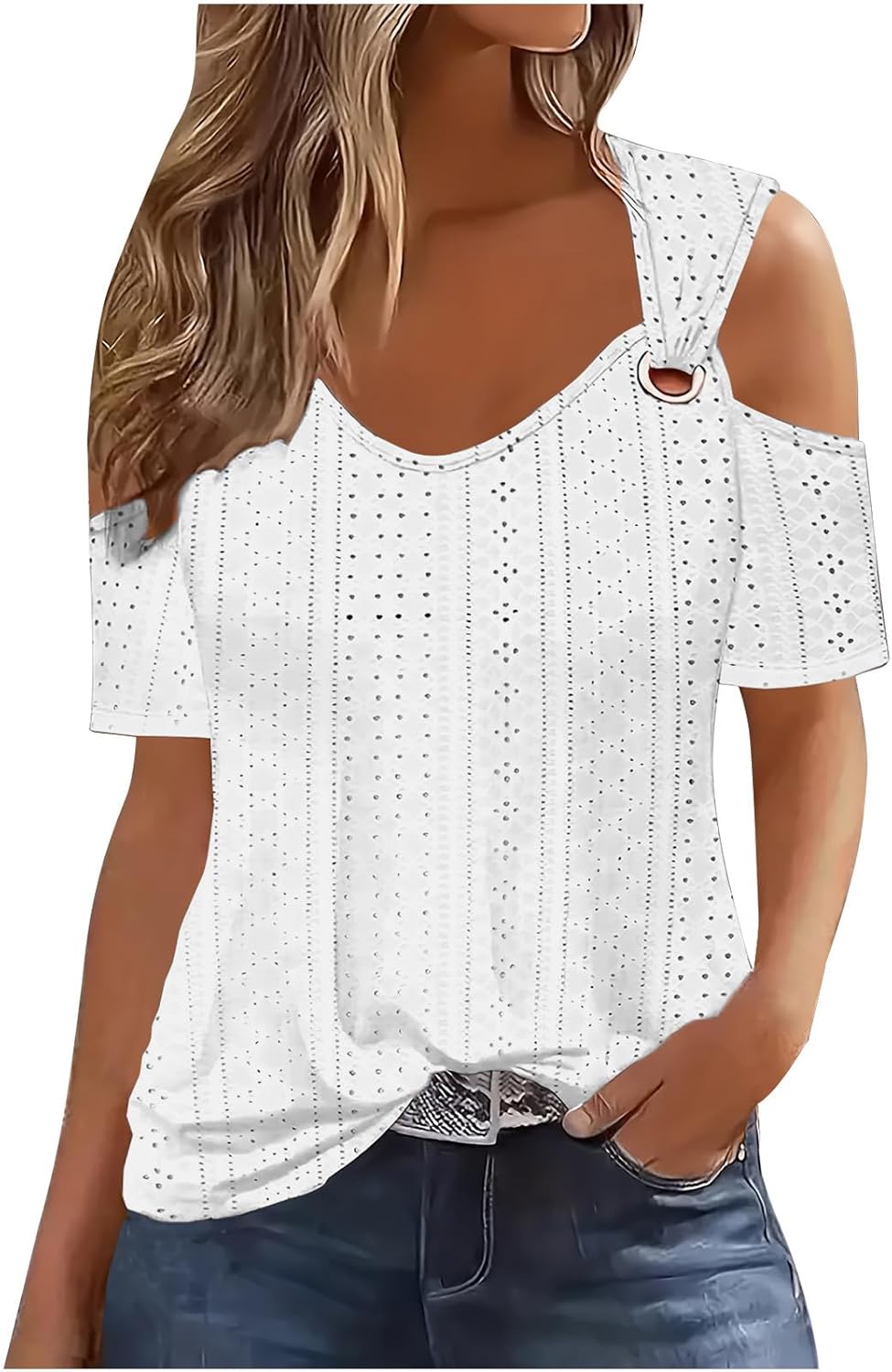 Sexy Cold Shoulder Tops for Women UK Casual Ladies Eyelet Tops Trendy Solid Basic Womens Tops Blouses Workout Vacation Tunic Blouses Short Sleeve Cotton Tshirts