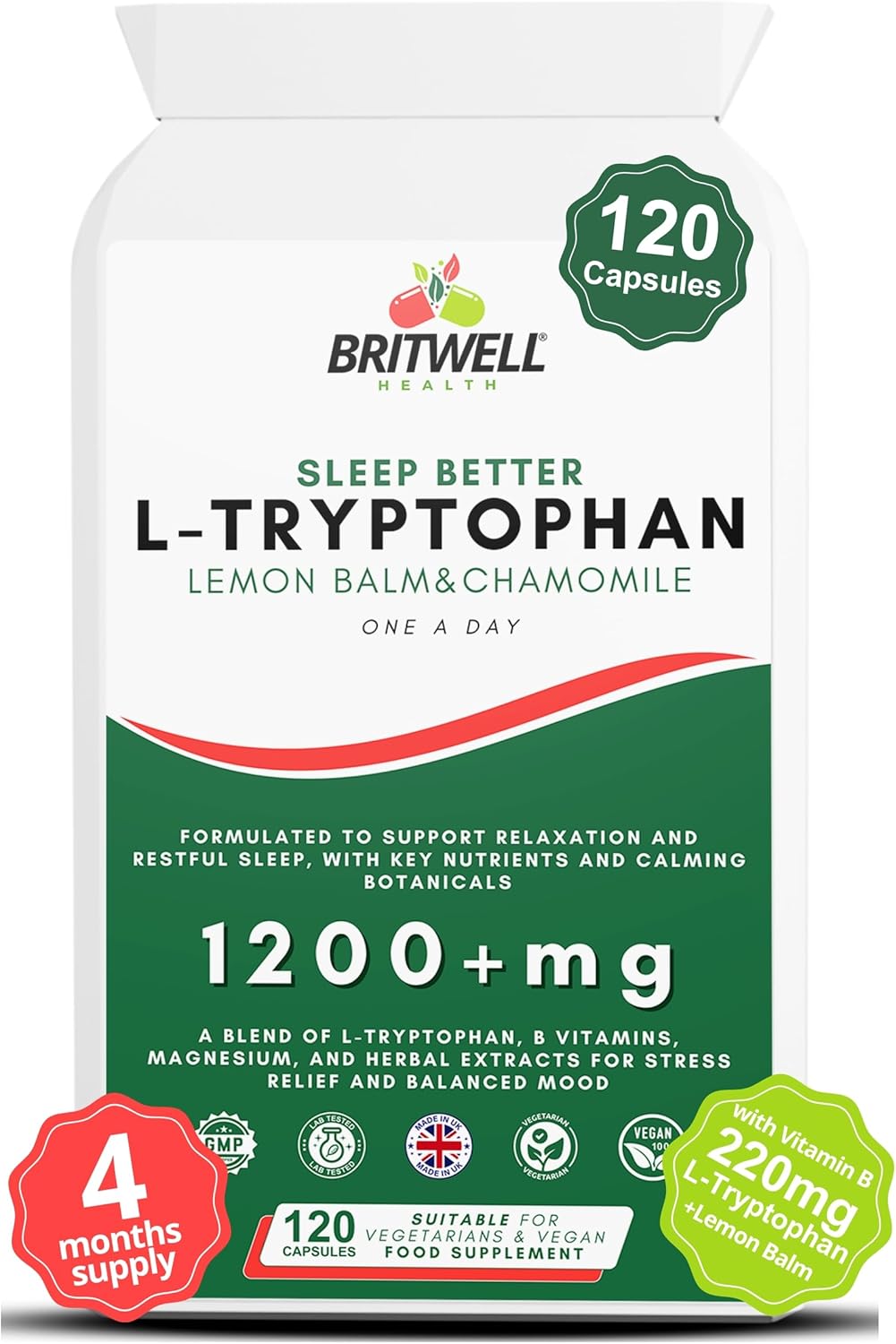 L-Tryptophan 220mg Sleep Complex with Lemon Balm, Chamomile & Magnesium - 120 Vegan Capsules - Natural Sleep Support with B Vitamins - 4 Months Supply - British Supplements UK - Britwell Health