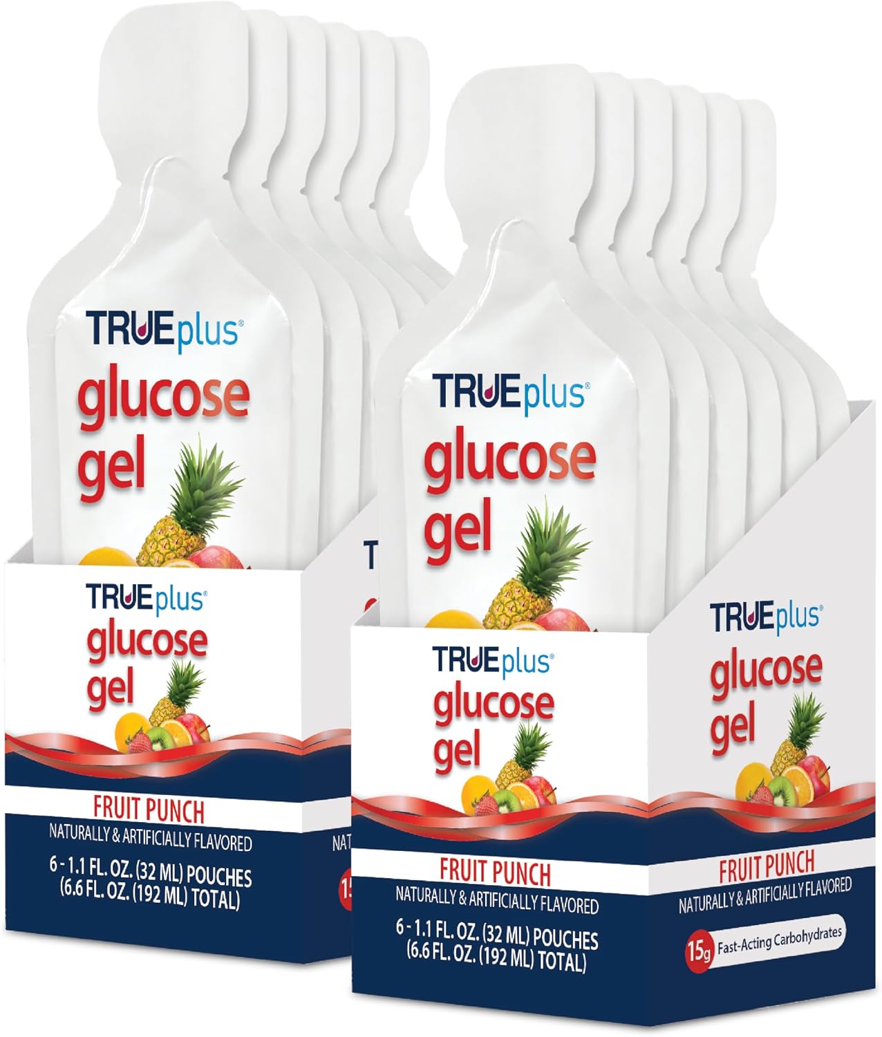 TRUEplus Glucose Gel Pouch, 15g Carbohydrates, Fruit Punch Flavor, 12 Pack