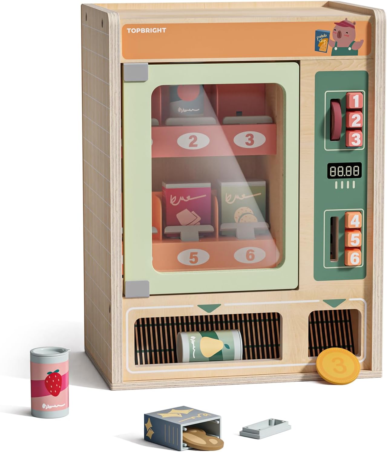 TOP BRIGHT Wooden Vending Machine Play Set, Play Food for Kids，Pretend Play Toys with Wooden Snack Bars and Drink Cans, Montessori Toys for Boys Girls Capybara Gift Age 3+