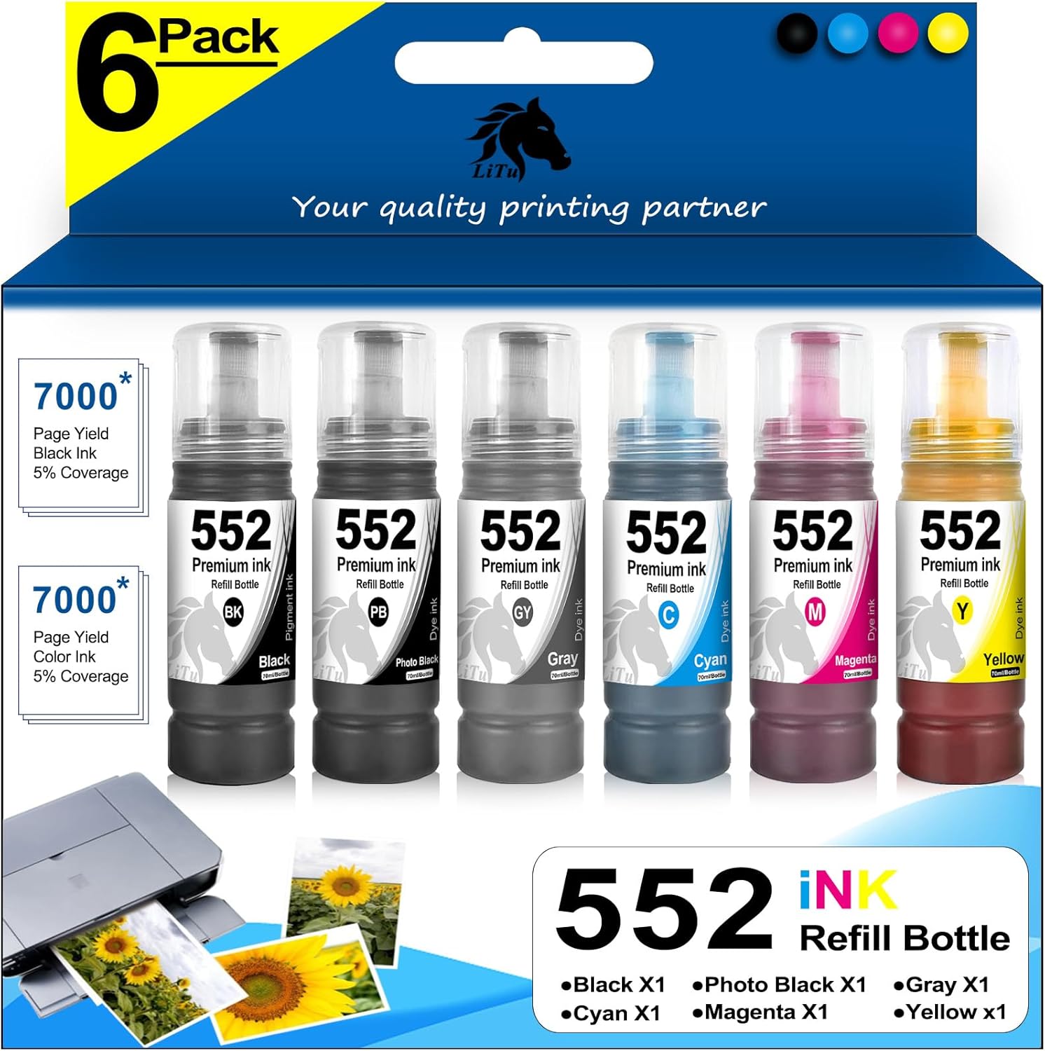 LiTuhorse Compatible Replacement for Epson 552 Ink Refill Bottles 6 Pack, ET Premium T552920 High Capacity Bottle Ink for Epson 8550 ET-8550 8500 ET-8500 Printer, 70ml/Bottle, Non-Sublimation