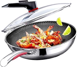 MEGOO 12.6 inch stainless steel nonstick wok pan with lid,stir fry honeycomb wok,cooking wok skillet,for gas cooktops,Induction,electric stove,dishwasher safe(PFA,PFOA Free)