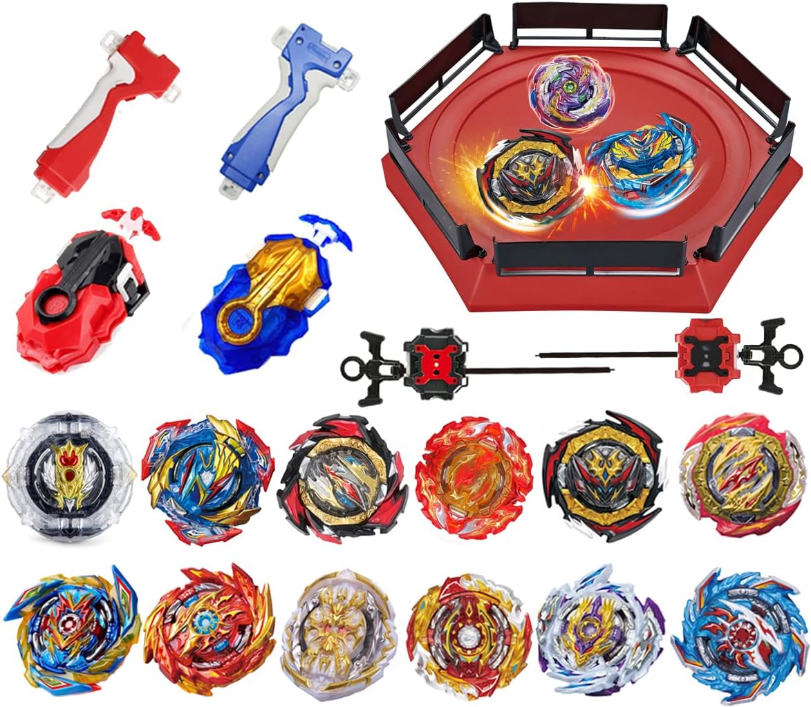 Bey Burst Gyro Toy Set with Arena Metal Fusion Attack Top Grip Toy Great Birthday Gift for Boys Children Kids Age 6 8 10 12+ Game Storage Box 12 Burst Gyros 1 Stadium 4 Two-Way Launcher 2 Handles
