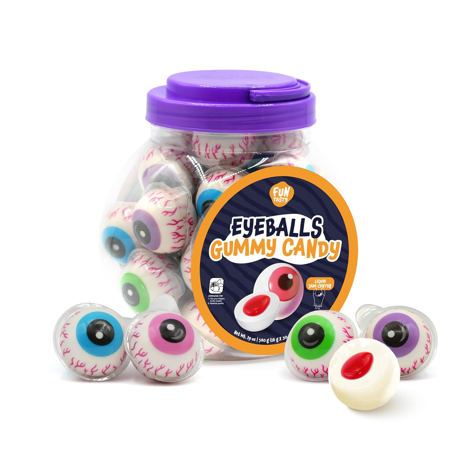 Eyeballs Gummy Candy - 19 Ounce Jar (30 Count) - Strawberry Jam Center - Individually Wrapped Halloween Candy - Kids' Party Favors - Spooky Gummies by Funtasty