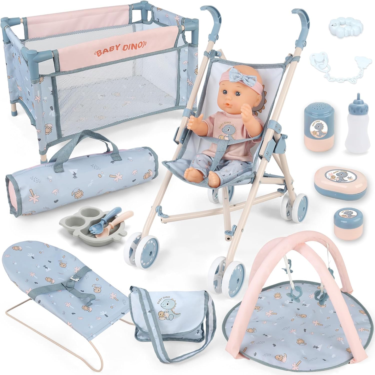 deAO 6 in 1 Baby Doll Accessories Set, Baby doll Pretend Role Playset with Dolls Cot, Dolls Pushchair,Play Mat, Swing Crib, Travel Bag for 3+ Years Old Kids Girls (Doll Included)