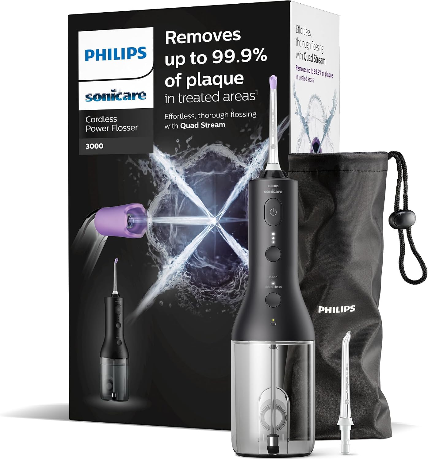 Philips Sonicare Cordless Power Flosser 3000 Oral Irrigator - Water Flosser for Teeth, Gums and Dental Care, Black (Model HX3826/33)