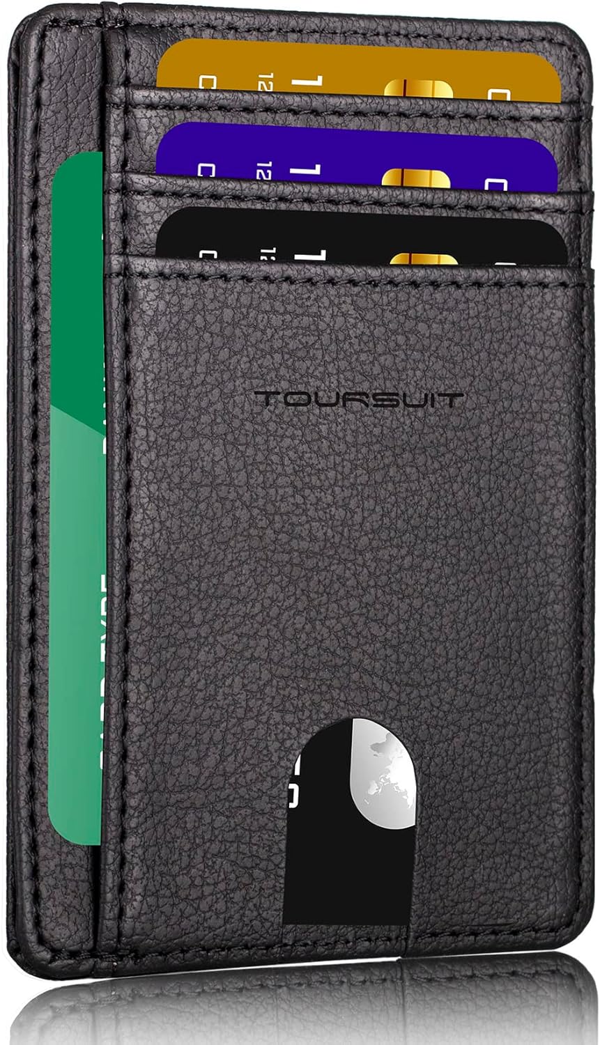 TOURSUIT Travel Minimalist Slim Front Pocket Wallet for Men Women, RFID Blocking Credit Card Holder Case (Lichee Black)