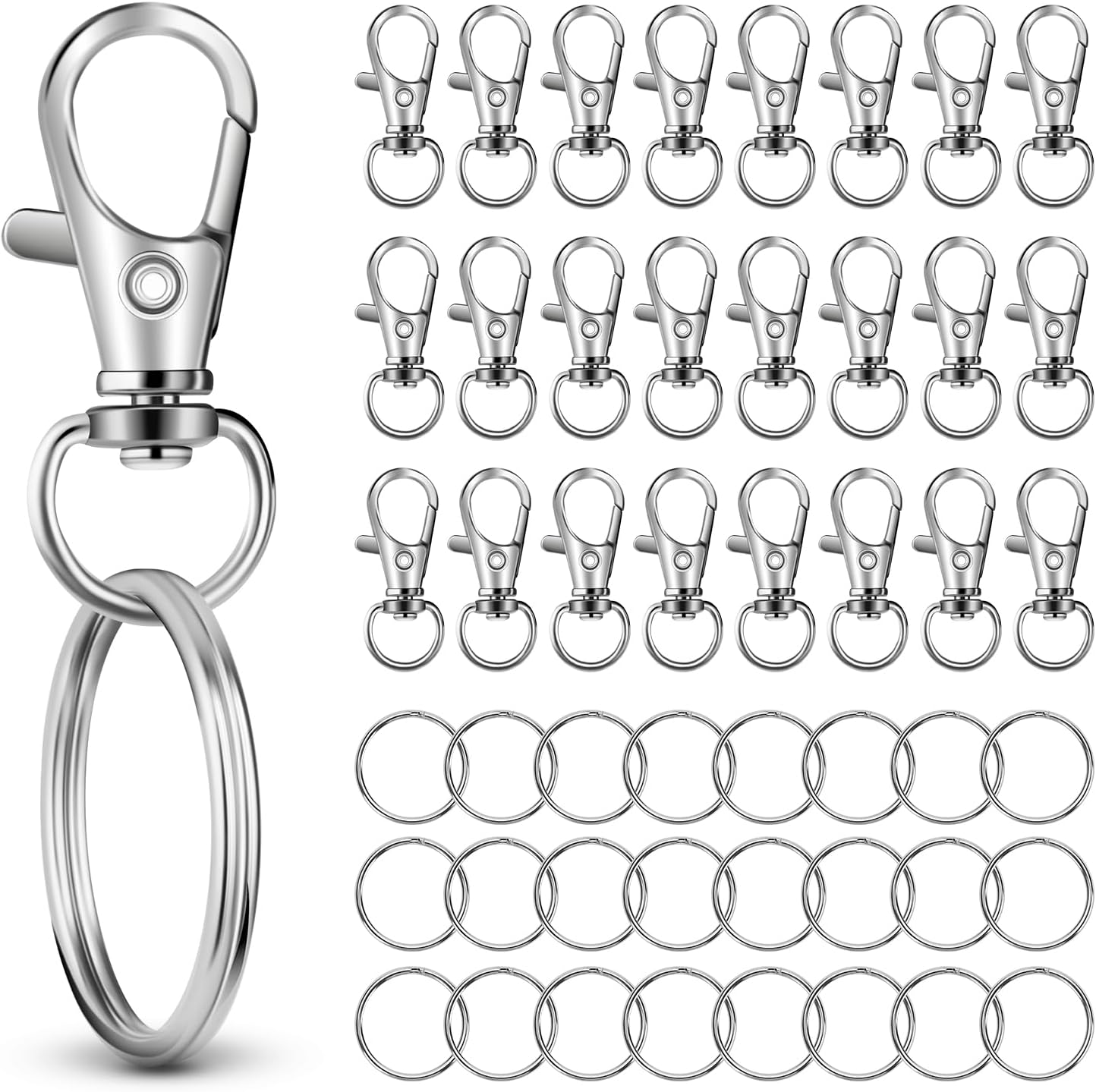 50 PCS in 25 Sets, Metal Swivel Lobster Claw Clasps, Keychain Clip with Large Key Ring, Premium Keychains Clips, Snap Hooks and Sturdy Key Rings, for Key Chain Making Kit，HnoaTovy (Silver)