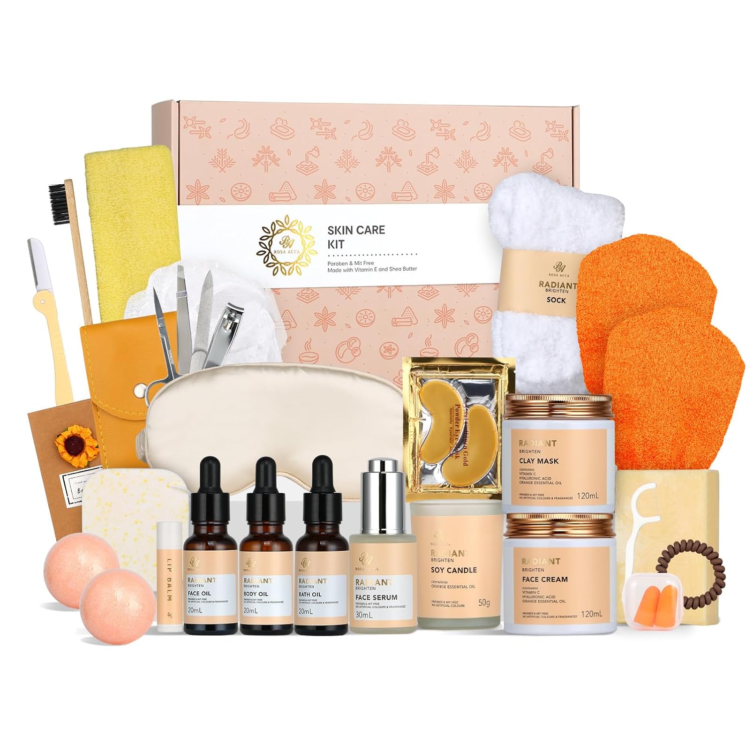 Skin Care Set for Women & Men - Rosa Acca 28pcs Facial Kit at Home, Birthday Gifts Orange Vitamin C, Spa Gift Baskets for Women, Face Cream, Bath Oil, Mothers Day, Christmas, Dad