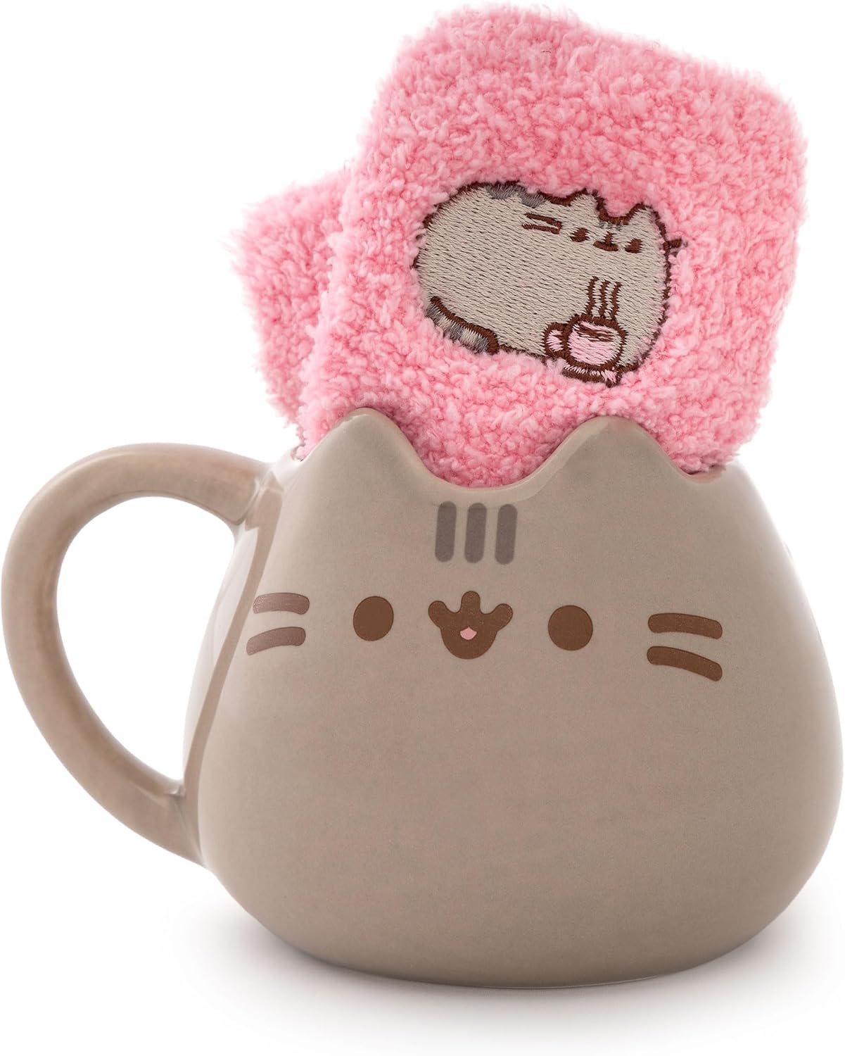 Pusheen Womens Mug & Socks Set | The Cat Graphic Print Calf Socks for Adults and Pink & Brown Ceramic Mug | Hot Drink Cup for Women