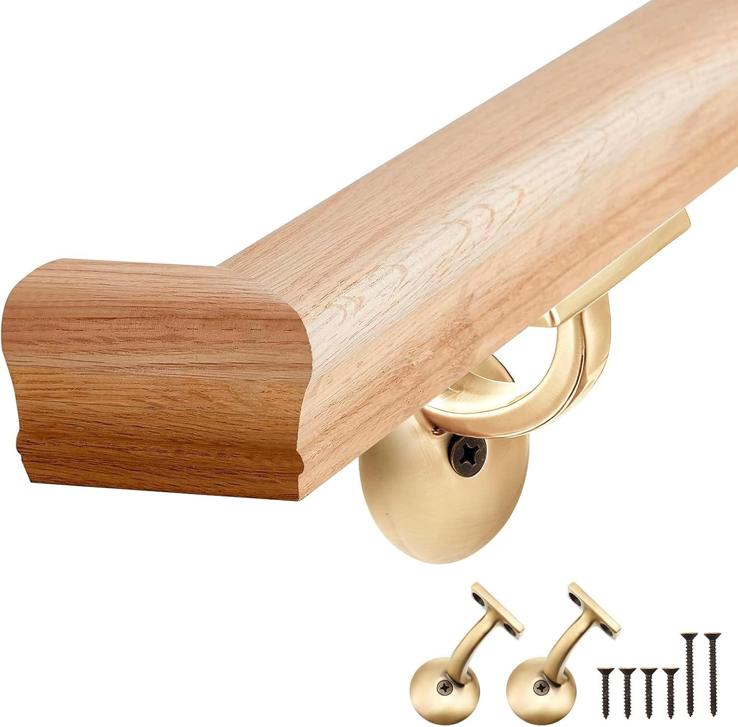 6010 Red Oak Handrail Kit 6 ft with Wall Returns and Wall Mount Brackets Indoor Wood Stairs Handrails Included Screws for Bars Home Corridor Lofts(Brass, 90° Angle)