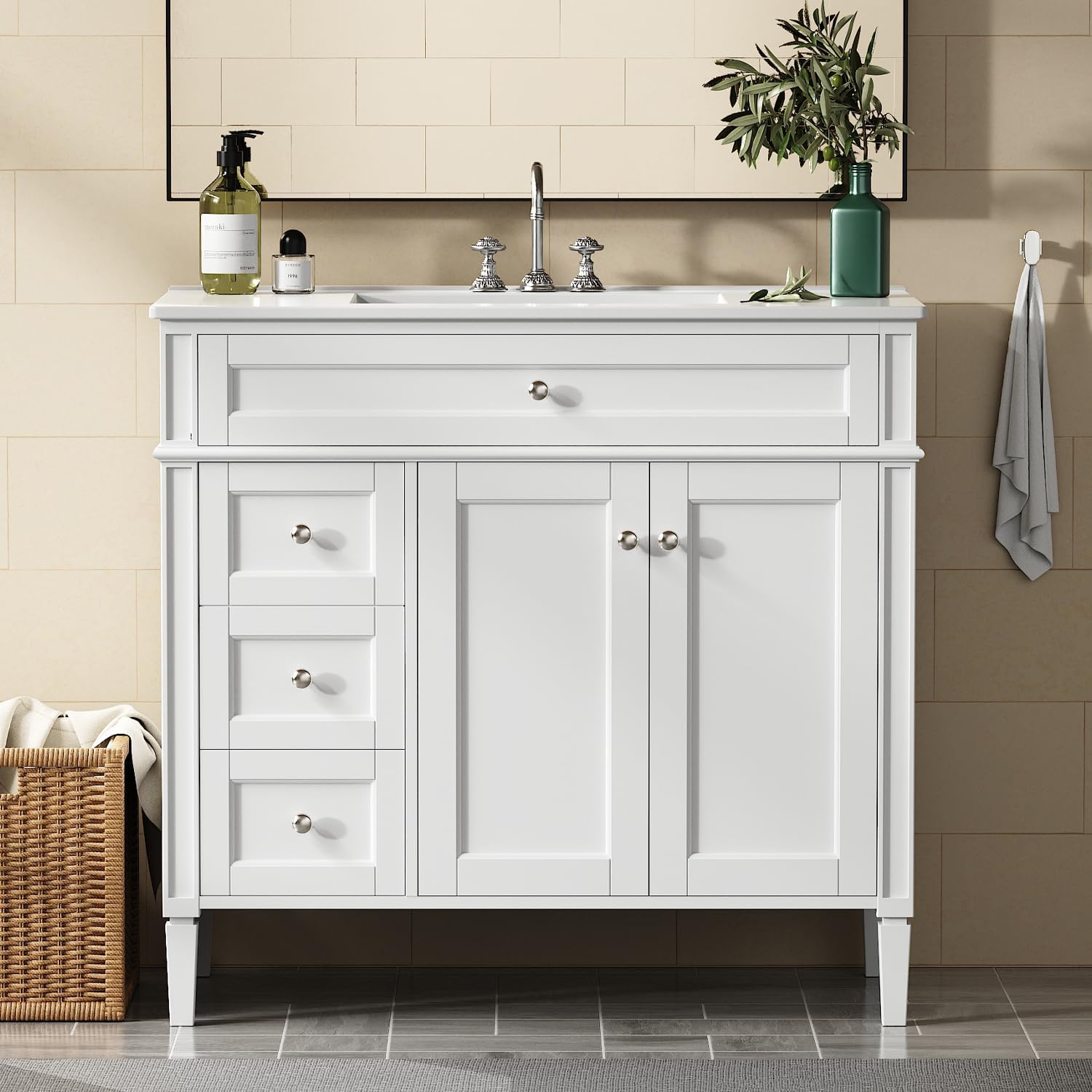 36" Bathroom Vanity with Sink, Solid Wood Frame Modern Bathroom Vanity, Bathroom Single Sink Cabinet with Charging Station, White