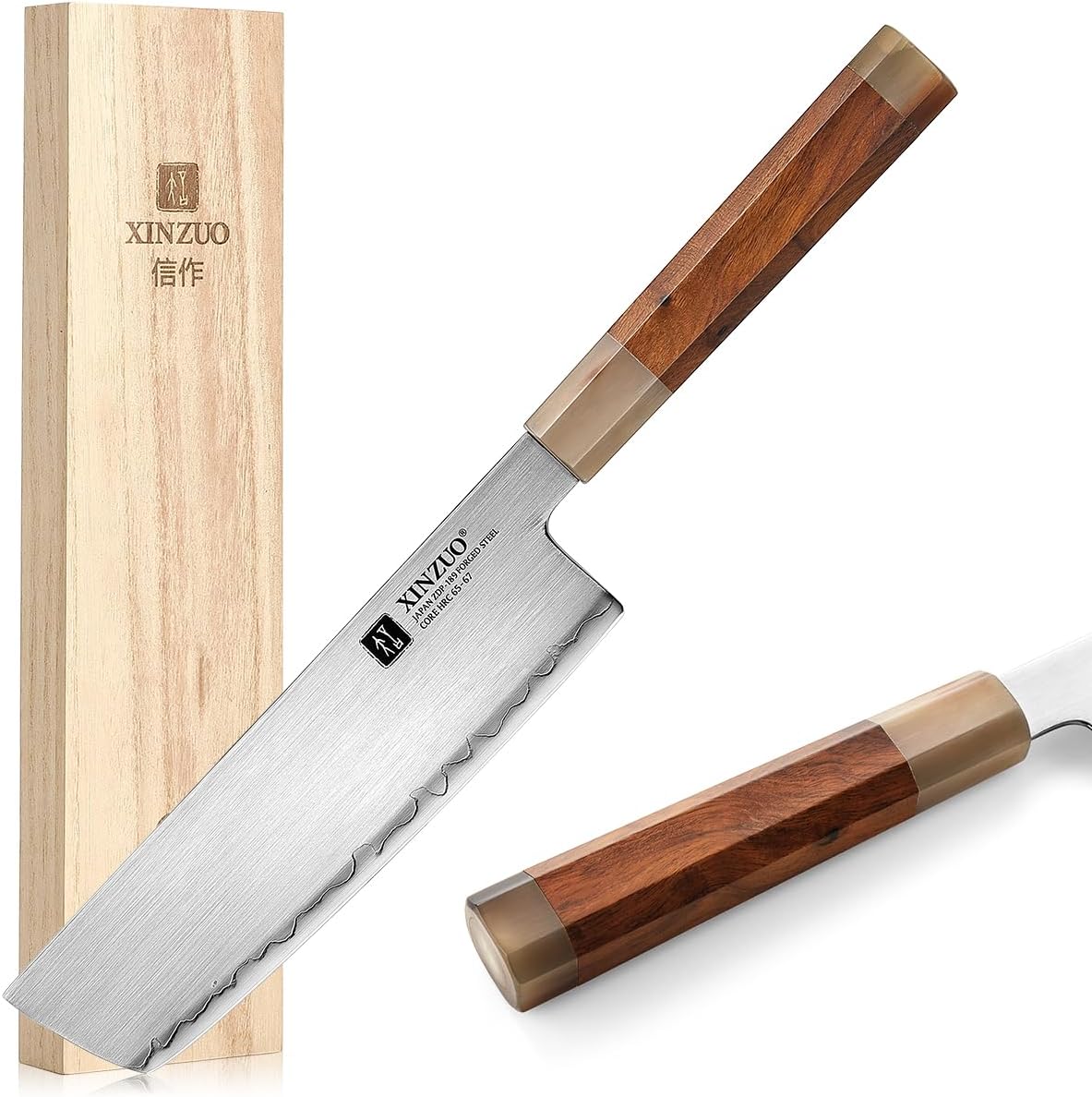 XINZUO Nakiri Knife 7 Inch, Japanese ZDP-189 Powder Steel Kitchen Knife, 67HRC High Hardness Vegetable Knife with Desert Ironwood Octagonal Handle
