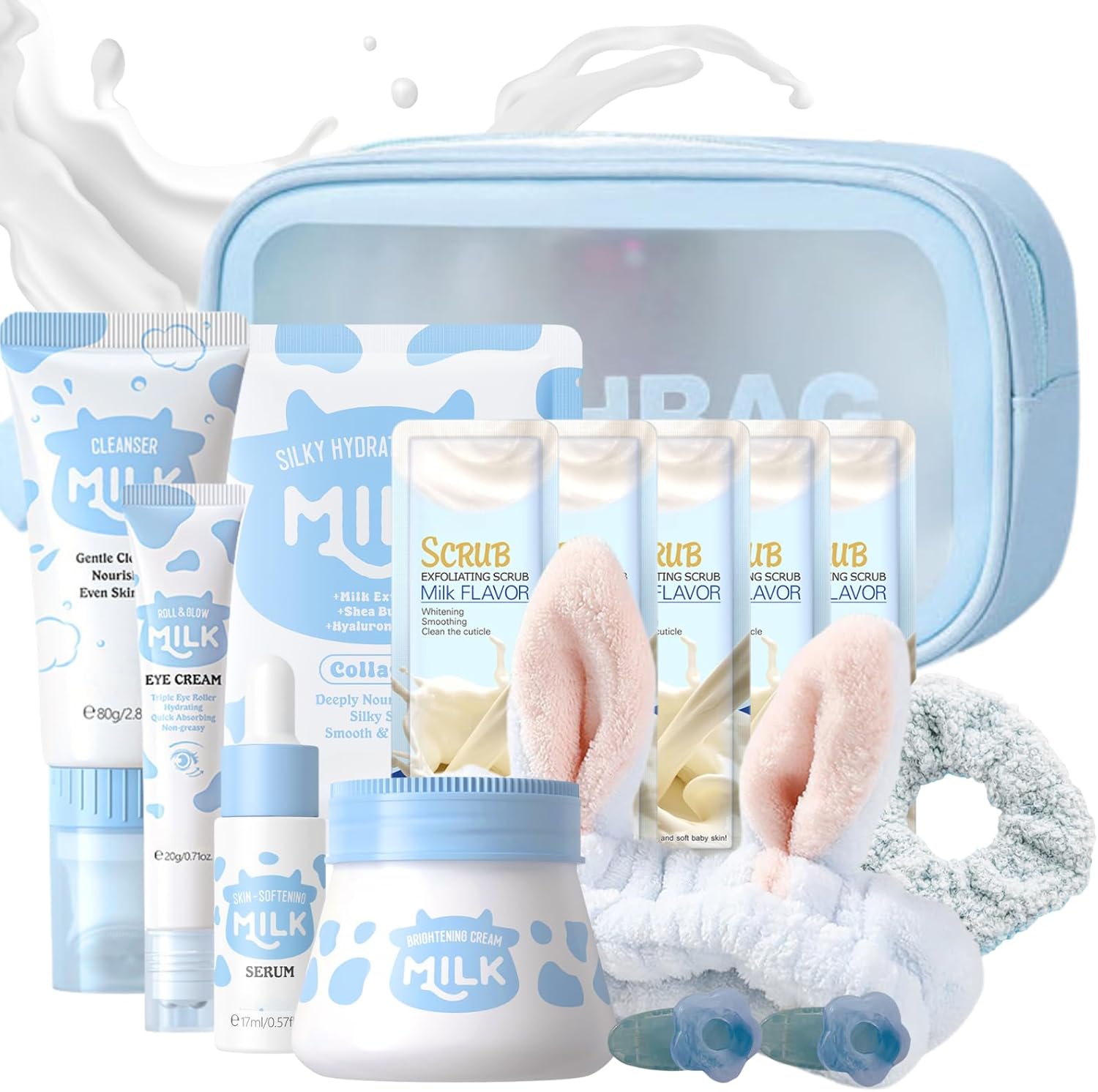 Milk Beauty Gift Sets for Teenage Girls - Milk Skin Care Sets & Kits - Facial Kits for Women with Cleanser,Serum,Cream,Eye Cream,Mask,Scrub,4pcs hair Accessories - Hydrating,Nourish (15pcs)