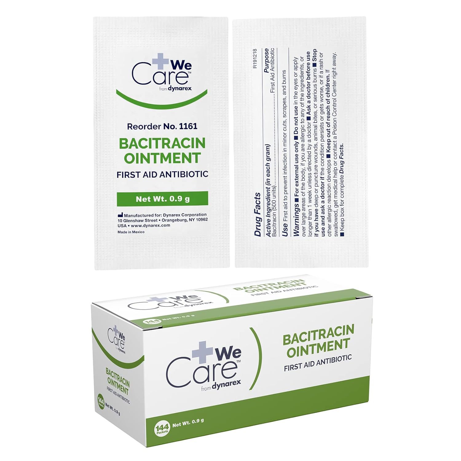 Dynarex Bacitracin Topical Ointment USP - First Response Wound Care Supplies for Minor Cuts, Scrapes & Burns - Helps Keep Wounds Clean - 1 Box of 144-0.9g Packets