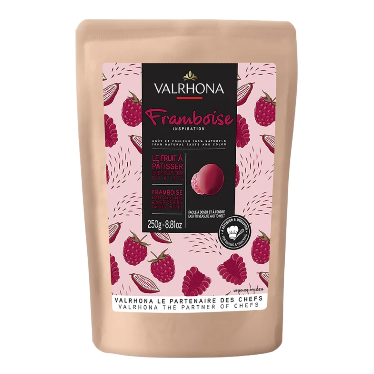 Valrhona Premium Raspberry Couverture (Drops). 100% All Natural. Made with Freeze Dried Raspberry Powder. Easy Melt. Intense Creamy Color and Flavor. Great for Sauces and Desserts. 250g (Pack of 1)