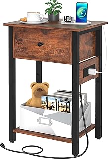 Yoobure Nightstand with Charging Station, Side Table End Table with Large Drawer and Storage Shelf, Bed Side Table/Night Stand with USB Ports & Outlets, Rustic Bedside Tables for Bedroom, Living Room