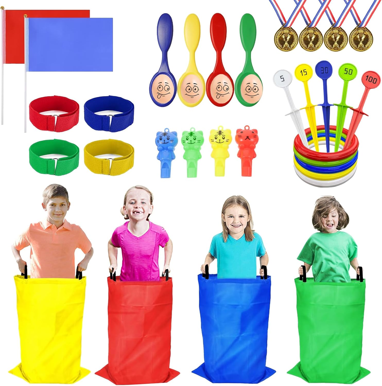 Waylipun Sports Day Kit, 36 Pcs Outdoor Games Set, Sack Race, Ring Toss Game, Egg and Spoon Race, 3 Legged Race, Medal and Whistles, Birthday Party Games Backyard Garden Game Kit for Kids and Family