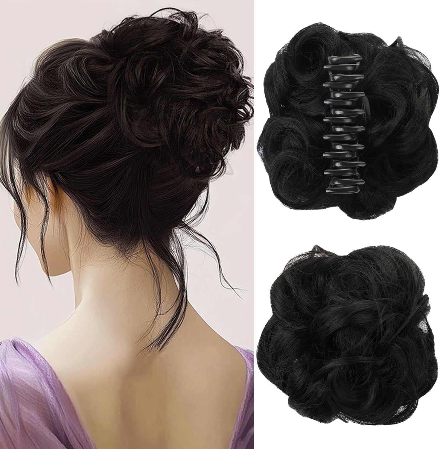 UHOMENY Wig Hair Clip Claw Clip Claw Messy Bun Hair Piece Wavy Curly Large Hair Bun Hairpiece Curly Synthetic Hair Bun Extensions Women's Ponytail Hair Accessories (Black)